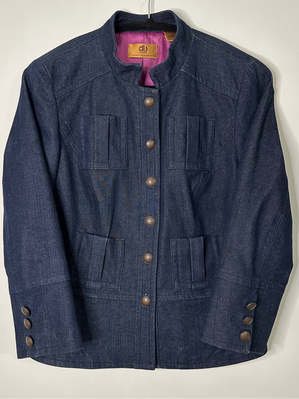 Dana Buchman Denim Military Jacket Fuchsia Pink Lined Size 10